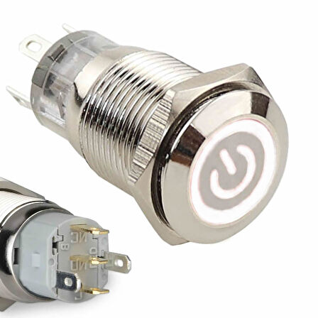 16mm Metal Buton Beyaz Power Sembol Led Işıklı Panel Montaj Düz Kafa Kilitlemeli DC 6A 12V IP67 Düğm