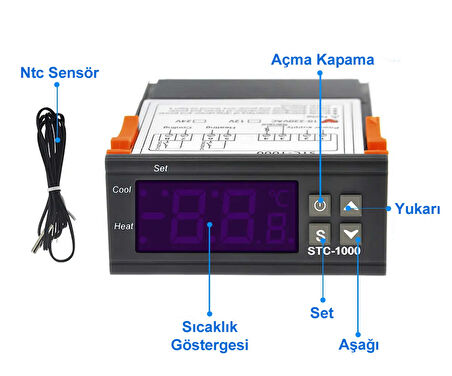 STC-1000 Sıcaklık Termostatı 220V 10A 110V-220V Isıtıcı Soğutucu Dijital Ekran 10K NTC Sıcaklık Sens