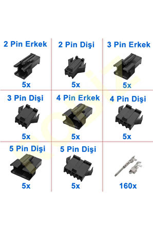 JST SM Konnektör Set 200 Parça Set Kutulu 2 3 4 5 Pin Erkek Dişi Terminal Konnektör Sıkmalı Pin