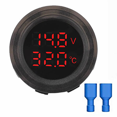 Yuvarlak Voltmetre Termometre 12V 24V Panel Tip Montaj Dijital Kırmızı Renk Led Sıcaklık Isı Voltaj