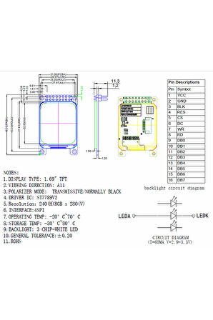 1.69 inç Lcd Tft Modül Yuvarlak Köşe ST7789V2 16 Pin SPI 8080 Paralel 240x280 Piksel Akıllı Saat