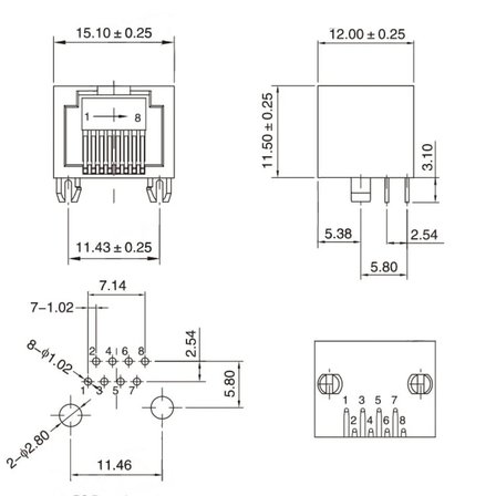 Mini Dar 12mm 8P8C Plastik Sarı RJ45 Soket Dişi Ethernet Bağlantı Soketi 8 Pin Pcb Montaj
