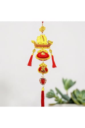 Feng Shui Altın Ejderha Yelkenli Gemi Bereket Duvar Süsü 90cm