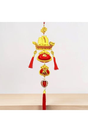 Feng Shui Altın Ejderha Yelkenli Gemi Bereket Duvar Süsü 90cm