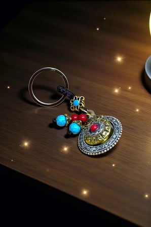Metal Tibet Tarzı Enerji ve Şans Anahtarlığı – Turkuaz ve Kırmızı Taş Detaylı Spiritüel Tılsım