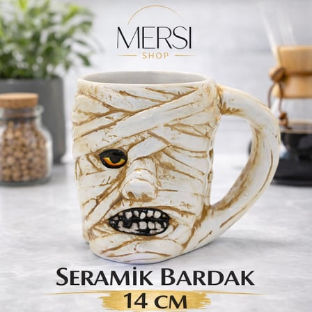 Antik Mısır Mumya Figürlü 3D Kabartmalı Seramik Kupa Bardak – Dekoratif Kahve Çay Kupası