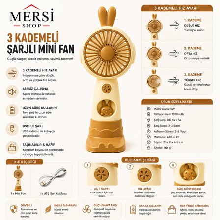 Mini Şarjlı El Fanı 3 Kademeli USB Taşınabilir Sessiz Masaüstü Fan 19 cm