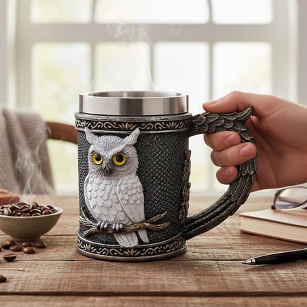 Baykuş Figürlü 3 D Kabartmalı Paslanmaz Çelik Kupa Bardak