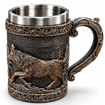 Antik Kurt Figürlü Viking Tasarımlı Metal Kupa