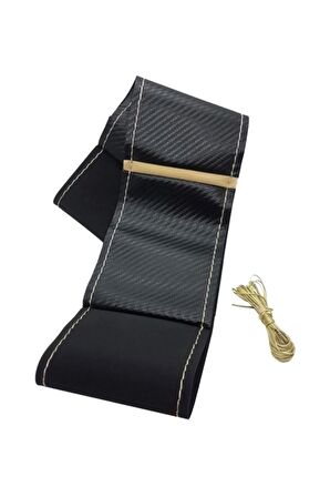 Universal Alcantra Carbon Dikmeli Deri Direksiyon Kılıfı Bej Yüzüklü Bej Ipli