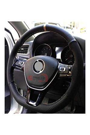 Universal Alcantra Carbon Dikmeli Deri Direksiyon Kılıfı Bej Yüzüklü Bej Ipli