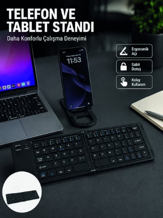 Bluetooth Katlanabilir Klavye USB-C Şarjlı 3 Cihaz Bağlantılı Taşınabilir Kla