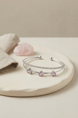 Pembe Kalp Model Zirkon Taşlı Gümüş Renk Kadın Bileklik 5886