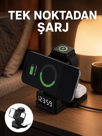 LED Dijital Saatli Kablosuz Şarj Cihazı – 3 Parlaklık Ayarlı Şarj Koruma Tekn