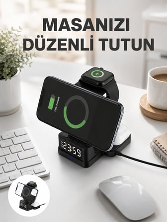 Dijital Saatli Kablosuz Şarj İstasyonu – 3’ü 1 Arada Apple Uyumlu Hızlı Şa