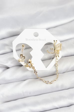 Kelebekli Model Pirinç Gold Renk Zincir Bağlantılı Ear Cuff Küpe Seti 5886