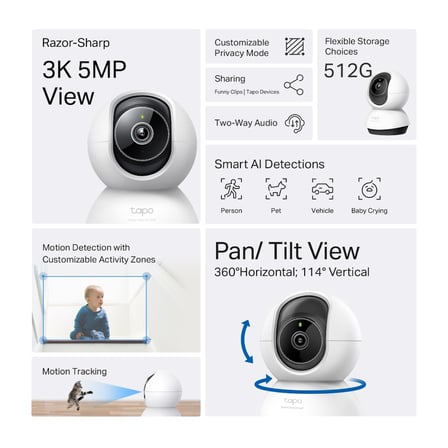 TP-LINK Tapo TC74 (C230) 3K 50Mpix İç Mekan WiFi 12Mt. Gece Görüşü 360 Dönü?