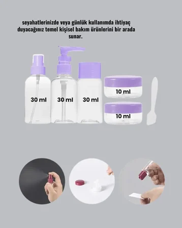 Seyahat Bakım Seti 5 Parça Sızdırmaz Şeffaf Kapaklı 30ml Yeni Nesil