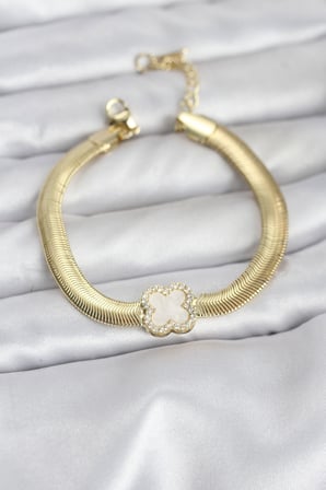 316L Çelik Gold Renk Beyaz Yonca Model Zirkon Taşlı Yılan Zincirli Kadın Bilekl