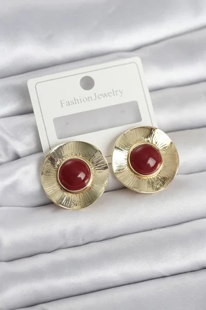 Vintage Model Bordo Gold Renk Pirinç Kadın Küpe 5886