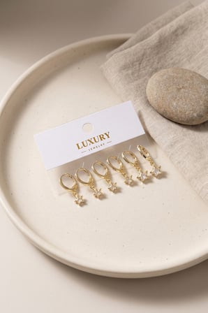 Yıldız Zirkon Taşlı Gold Renk Pirinç Set Küpe 5886