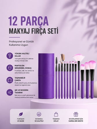 12'li Makyaj Fırça Seti Yumuşak Kıllı Profesyonel Kullanıma Uygun