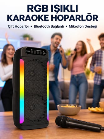 RGB Işıklı Çift Hoparlörlü Taşınabilir Bluetooth Speaker ve Mikrofon Yeni Ne