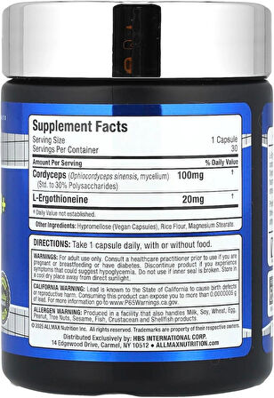 ALLMAX EGT20+ L-Ergothioneine Cordyceps Shiitake Source of Mushroom Polysaccharides 30 Vegan Caps
