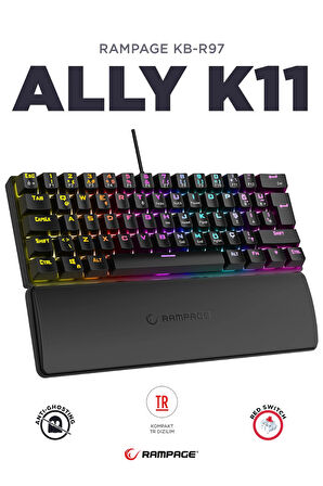 Rampage ALLY K11 Siyah 12 Işık Modlu Red Switch Mekanik Bilek Destekli Rainbow Antighosting Türkçe Q Gaming Oyuncu Klavyesi