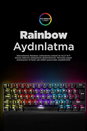 Rampage ALLY K11 Siyah 12 Işık Modlu Red Switch Mekanik Bilek Destekli Rainbow Antighosting Türkçe Q Gaming Oyuncu Klavyesi