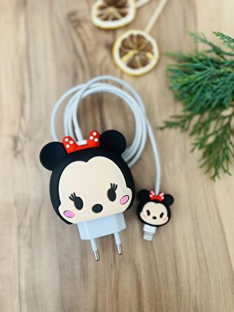 Sevimli Silikon Şarj Başlığı Ve Kablo Koruyucu 2Li Set Minnie