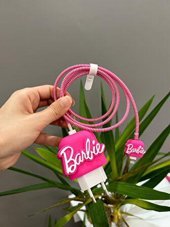 Şarj Başlığı Ve Kablo Koruyucu Barbie Set Pembe Iphone 20W Şarj Adaptör Uyumlu