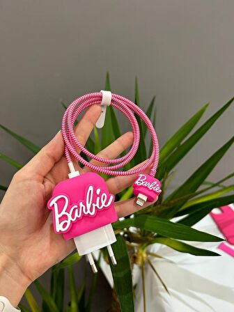 Şarj Başlığı Ve Kablo Koruyucu Barbie Set Pembe Iphone 20W Şarj Adaptör Uyumlu