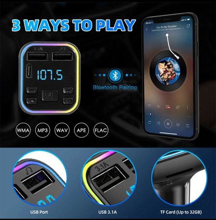 Bluetooth Kablosuz Araç Kiti (7 Renk RGB Led Işıklı)