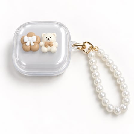 Galaxy Buds 4 Pro Uyumlu Ayıcık ve Çiçek Figürlü İnci Boncuk Askılı Şeffaf Koruyucu Kılıf