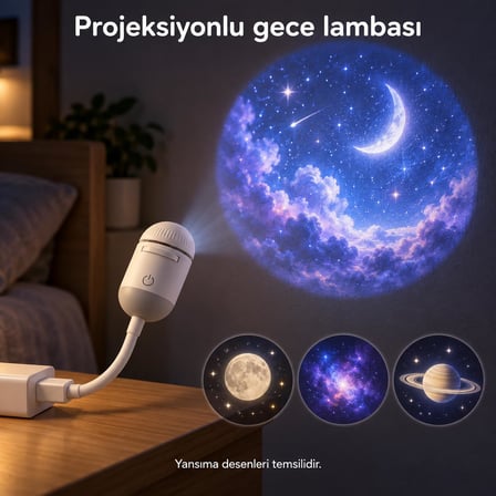 USB Projeksiyonlu Gece Lambası - 8 Görsel Lensli, Optik Netlik Ayarlı