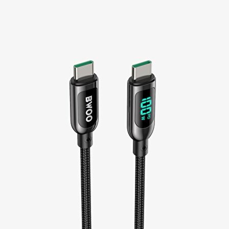 Dijital Göstergeli PD 100W Type-C to Type-C Hızlı Şarj ve Data Kablosu Örgülü Siyah