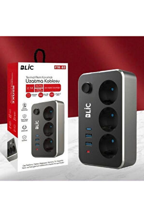 Termal Akım Korumalı 3'lü Priz ve USB Şarj İstasyonu 2 USB, 1 Type-C