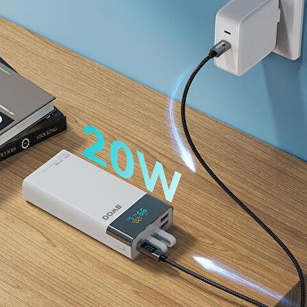 20000 mAh Göstergeli Taşınabilir Hızlı Şarj Cihazı Dahili Type-C Ve Lightning Kablolu
