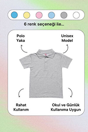 Gri Kısa Kol Düz Renk Yakalı 6-16 Yaş Çocuk Okul Lakos Tişört Polo Yaka T-shirt 