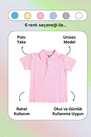 Pembe Kısa Kol Düz Renk Yakalı 6-16 Yaş Çocuk Okul Lakos Tişört Polo Yaka T-shirt 