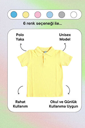 Sarı Kısa Kol Düz Renk Yakalı 6-16 Yaş Çocuk Okul Lakos Tişört Polo Yaka T-shirt 