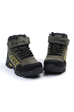 Unisex Çocuk Haki Siyah İçi Kürklü Kışlık Termo Taban Suya Soğuğa Dayanıklı Günlük Rahat Outdoor Bot