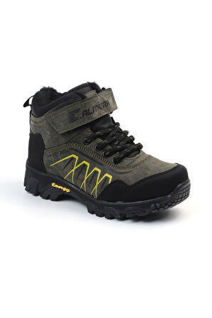 Unisex Çocuk Haki Siyah İçi Kürklü Kışlık Termo Taban Suya Soğuğa Dayanıklı Günlük Rahat Outdoor Bot
