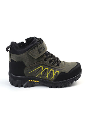 Unisex Çocuk Haki Siyah İçi Kürklü Kışlık Termo Taban Suya Soğuğa Dayanıklı Günlük Rahat Outdoor Bot