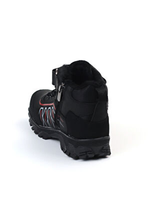 Unisex Çocuk Siyah Kırmızı İçi Kürklü Kışlık Termo Taban Suya Soğuğa Dayanıklı Günlük Rahat Outdoor Bot