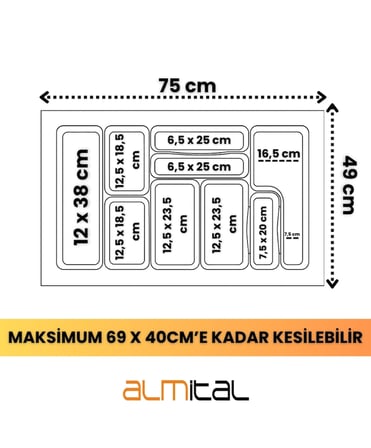 75x49 cm. 9 Bölmeli Mikro Kabartma Desenli Kaşıklık, 69x40 cm'e kadar kesilebilir. 
