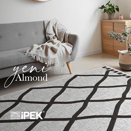 İpek Mekik Halı Almond Antrasit Gri Zigzag Çizgili Kilim