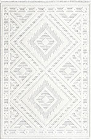 İpek Mekik Halı Almond Ekru Gri Retro Desen Kilim