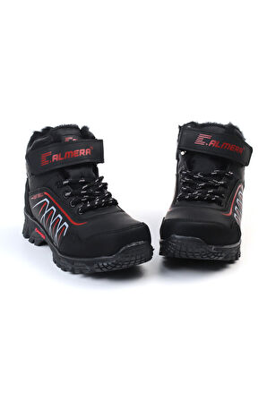 Unisex Çocuk Siyah Kırmızı İçi Kürklü Kışlık Termo Taban Suya Soğuğa Dayanıklı Günlük Rahat Outdoor Bot